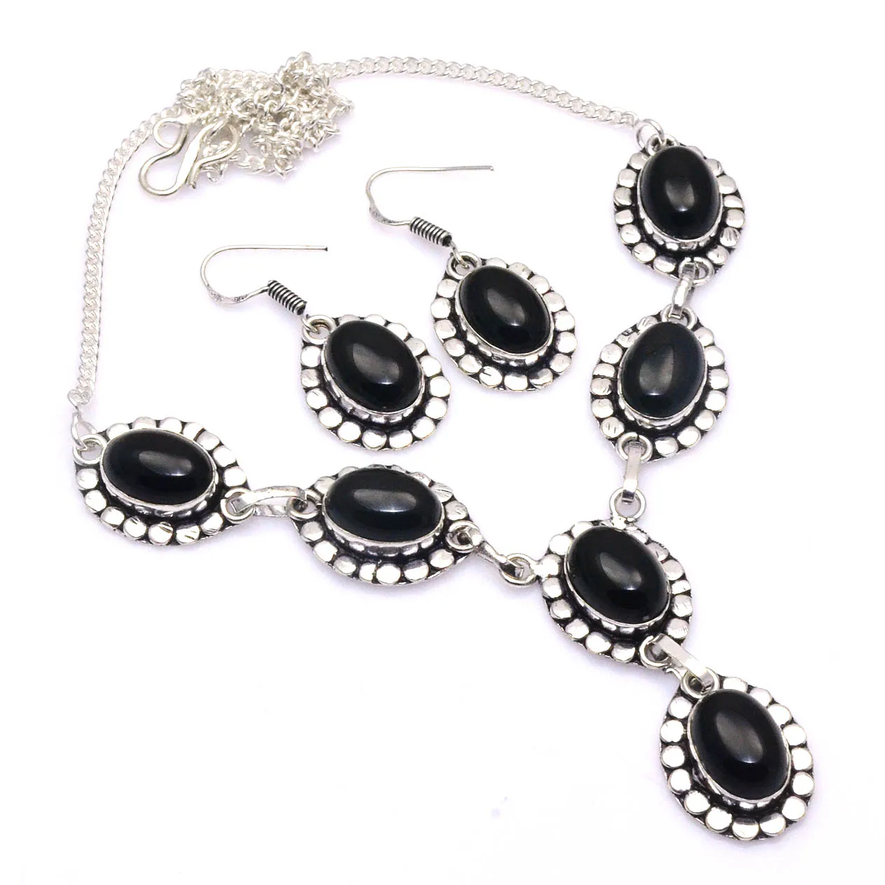 

Подлинный черный оникс ожерелье + серьги Серебристые сверху меди, 48,5 см, N4806