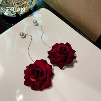 fyuan elegant red rose velvet drop earrings long ear line pearl earrings for women wedding bride jewelry