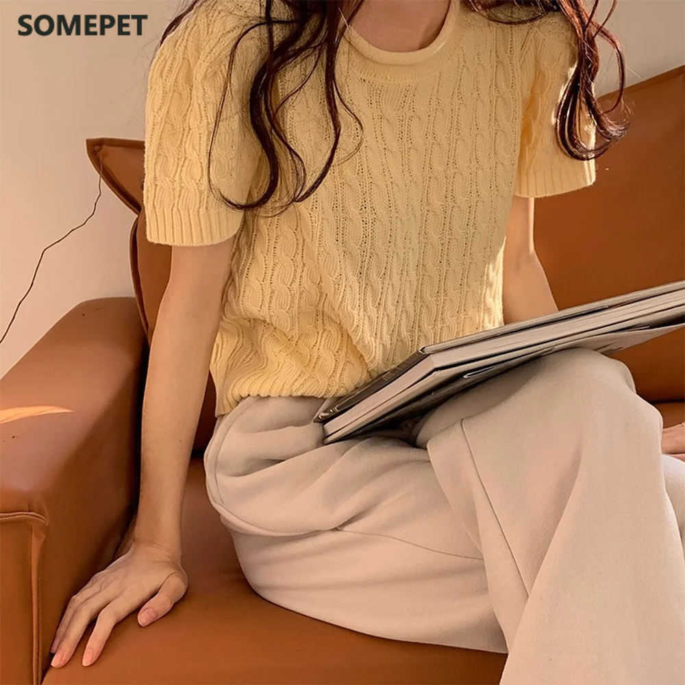 Шикарный вязаный свитер футболка корейский пуловер с коротким рукавом топ