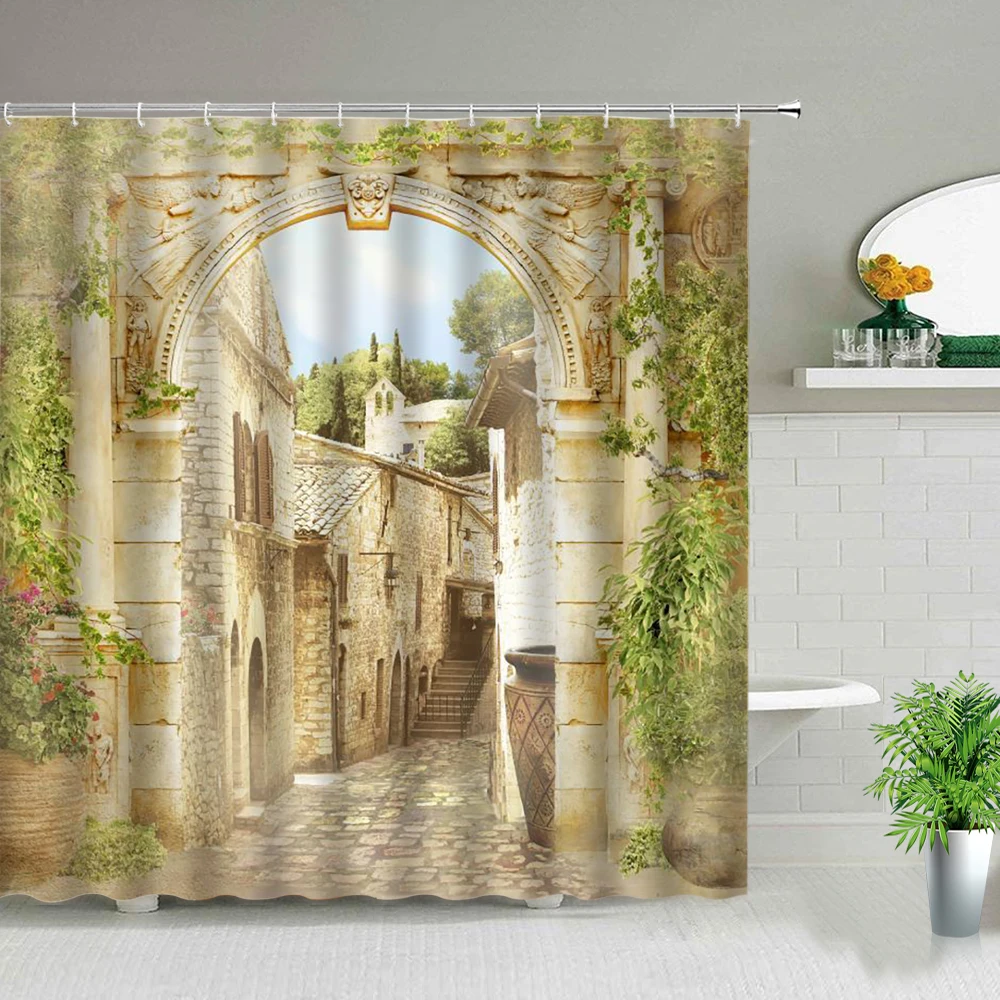 

European Style Building Flower Plant Scenery Shower Curtain Venice Landscape Bath Screen Waterproof Fabric Bathroom Curtains