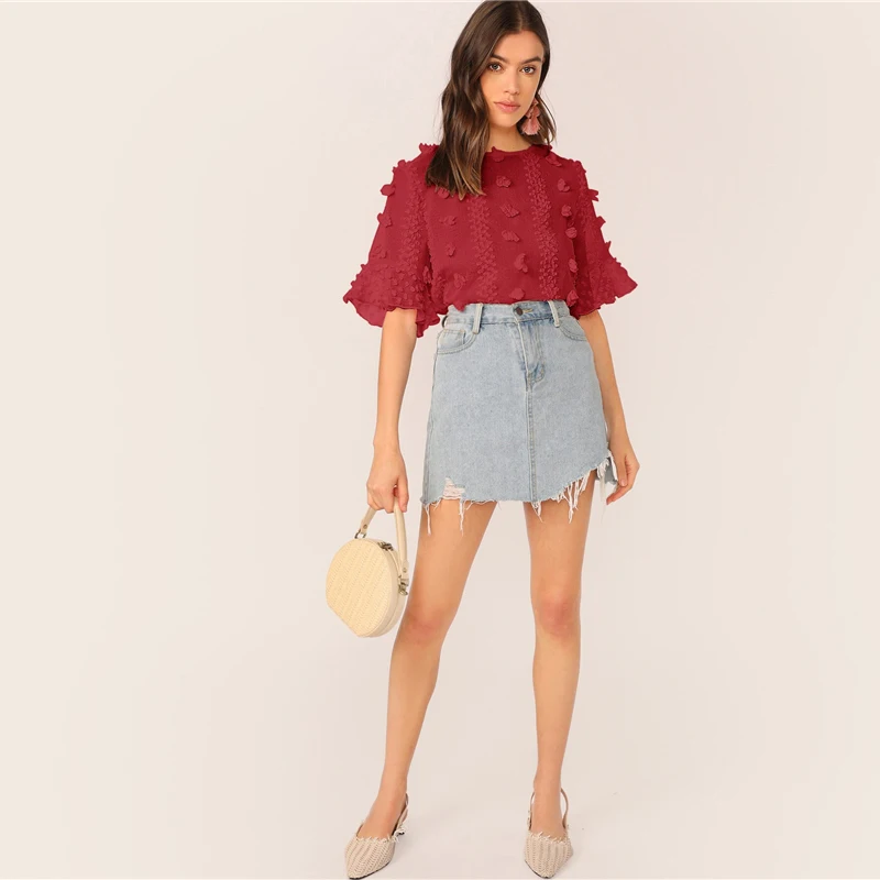 SHEIN элегантный розовый топ с 3D аппликацией и манжетами, блузка для женщин, короткий рукав, круглый вырез, Замочная скважина на спине, летние топы и блузки в стиле бохо