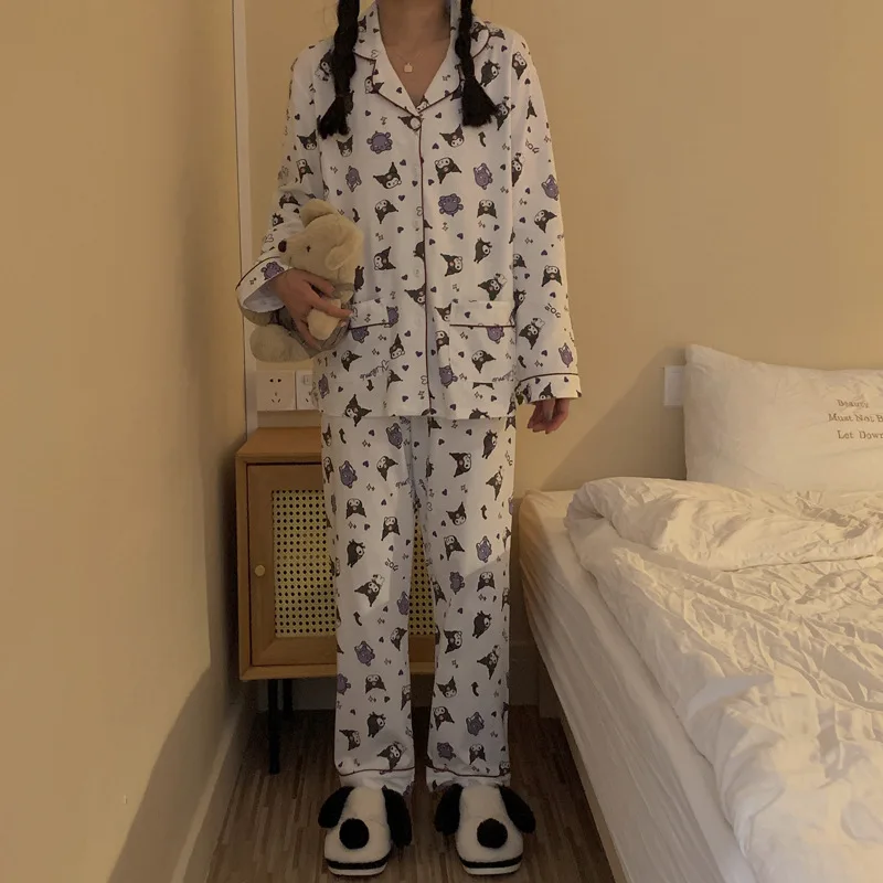 

Kawaii Sanrioed Anime Cotton Cinnamoroll Kuromi Melody Women's Long Sleeve Pajamas Suit Fashion Pyjamas Set Homewear Clothes