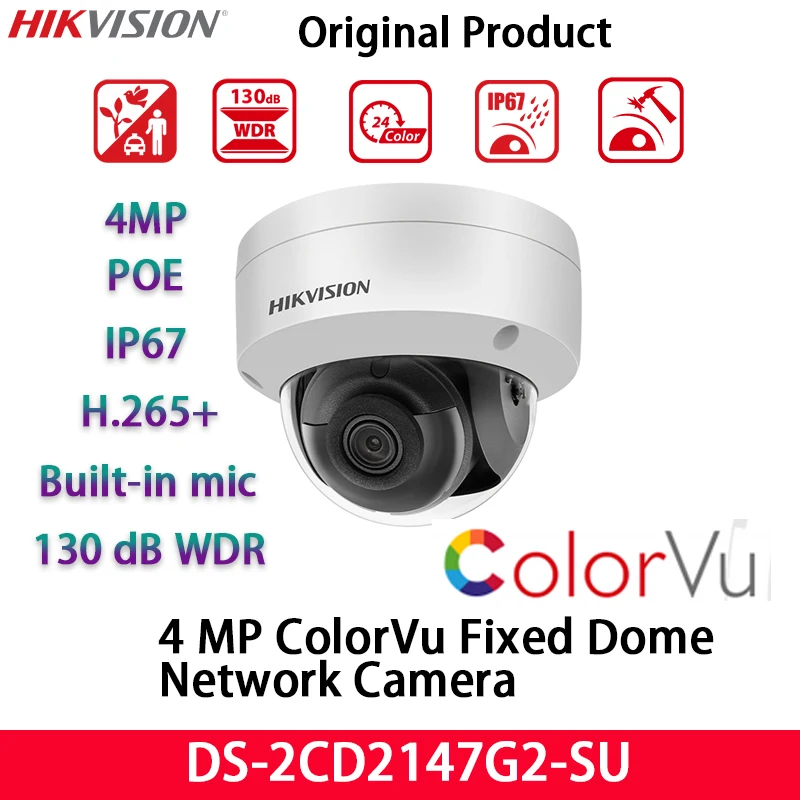 

Hikvision 4MP POE IP Camera DS-2CD2147G2-SU H.265+130 dB WDR IP67 Built-in Mic SD Card Audio Acusense Indoor dome network camera