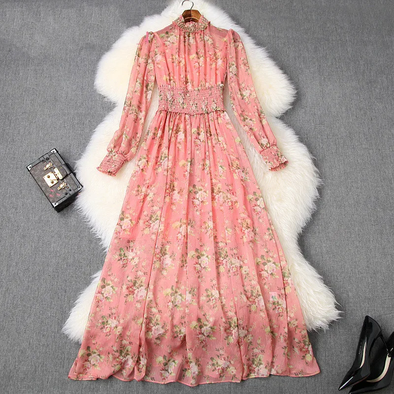 Женское коктейльное платье длинное розовое вечернее с рукавами фонариками и