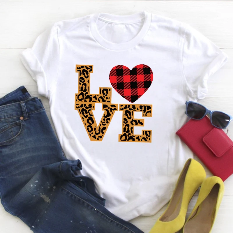 

Women Love Leopard Plaid Womens T Tee Ladies Top Shirt Clothes Graphic T-shirt Valentine Print Summer Female Tshirt