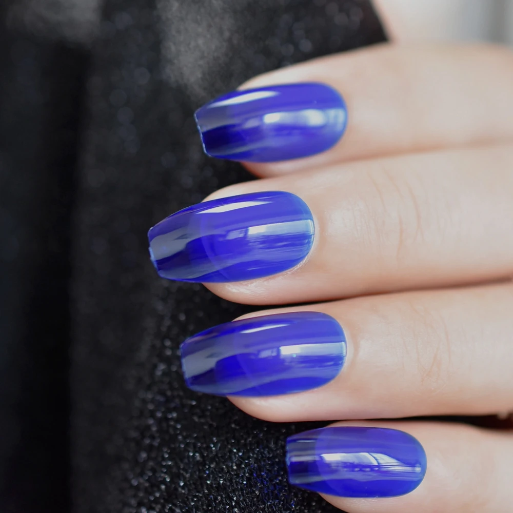 Глянцевый синий пресс на поддельные ногти гроб 24 шт УФ гель балерины накладные