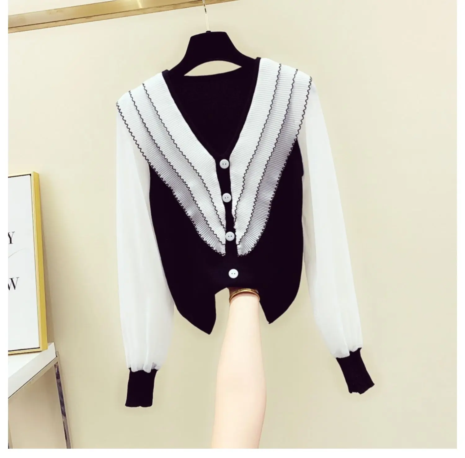 

2021 Spring Autumn Chiffon V-neck Patchwork Pullover Knitwear New Korean Style Loose Women Top Contrast Color Simple Sweater