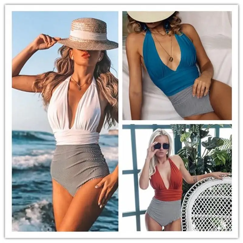 

Women's Sexy Deep V-neck Swimwear Halter One Piece Bathsuit Ruched Push Up Padded Beachwear Brazilian Backless Swimsuit