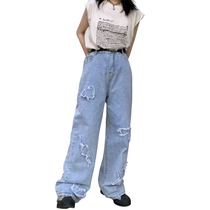 

NYOOLO Vintage Streetwear Love Heart Patch Designs High Waist 90s Oversized Straight Washed Jeans Women Casual Baggy Denim Pants