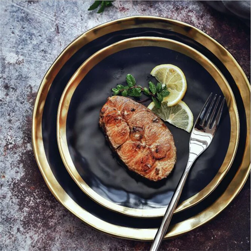 

European Style Gilt Edged Ceramic Large Plate Black And White Taurus Steak Household Kitchen Bar Ceramic Products Dessert Tray