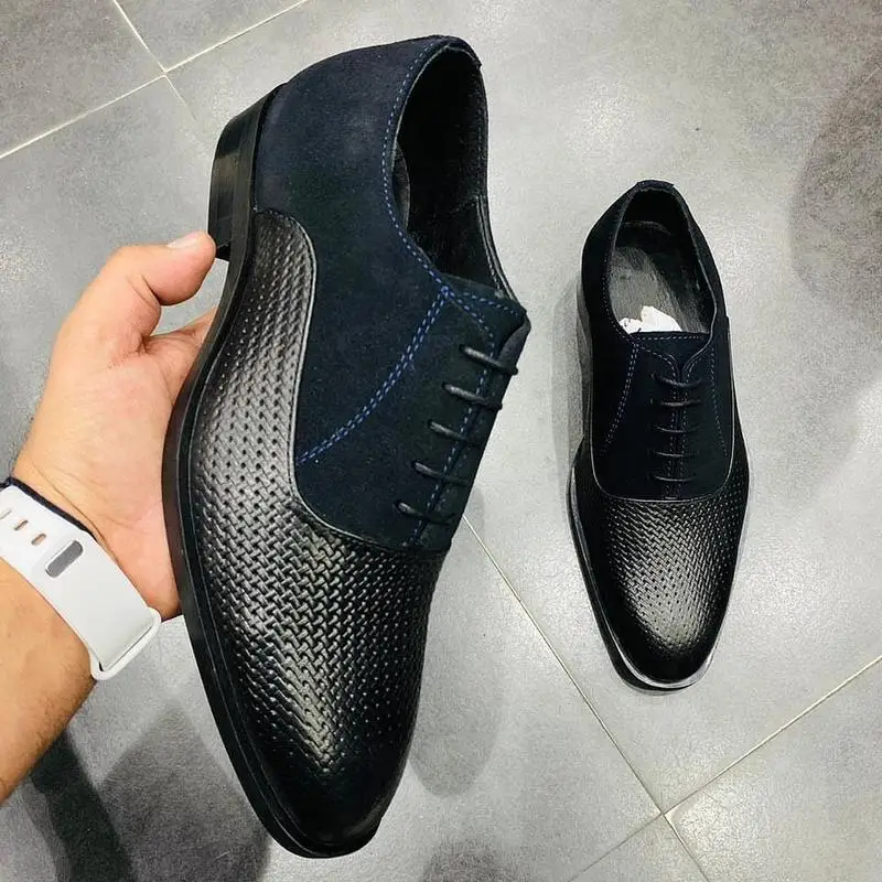 

Men's Shoes Fashion Casual Classic Black PU Woven Stitching Suede Pointed Toe Lace-up Low-heel Comfortable Oxford Shoes HL380