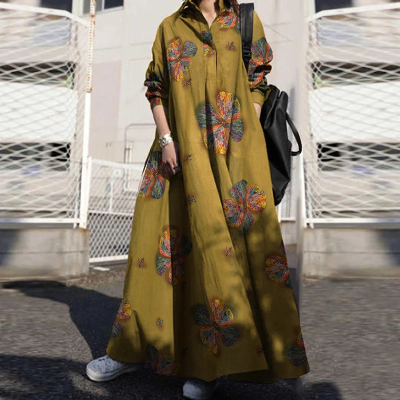 

Spring Stylish Women Vintage Long Sleeve Loose Sundress 2021 Casual Long Maxi Dress Kaftan Femme Solid Party Vestido Robe