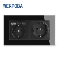 wekpoba eu russia spain standard wall power socket grounded usb type a type c charge port tempered glass panel black