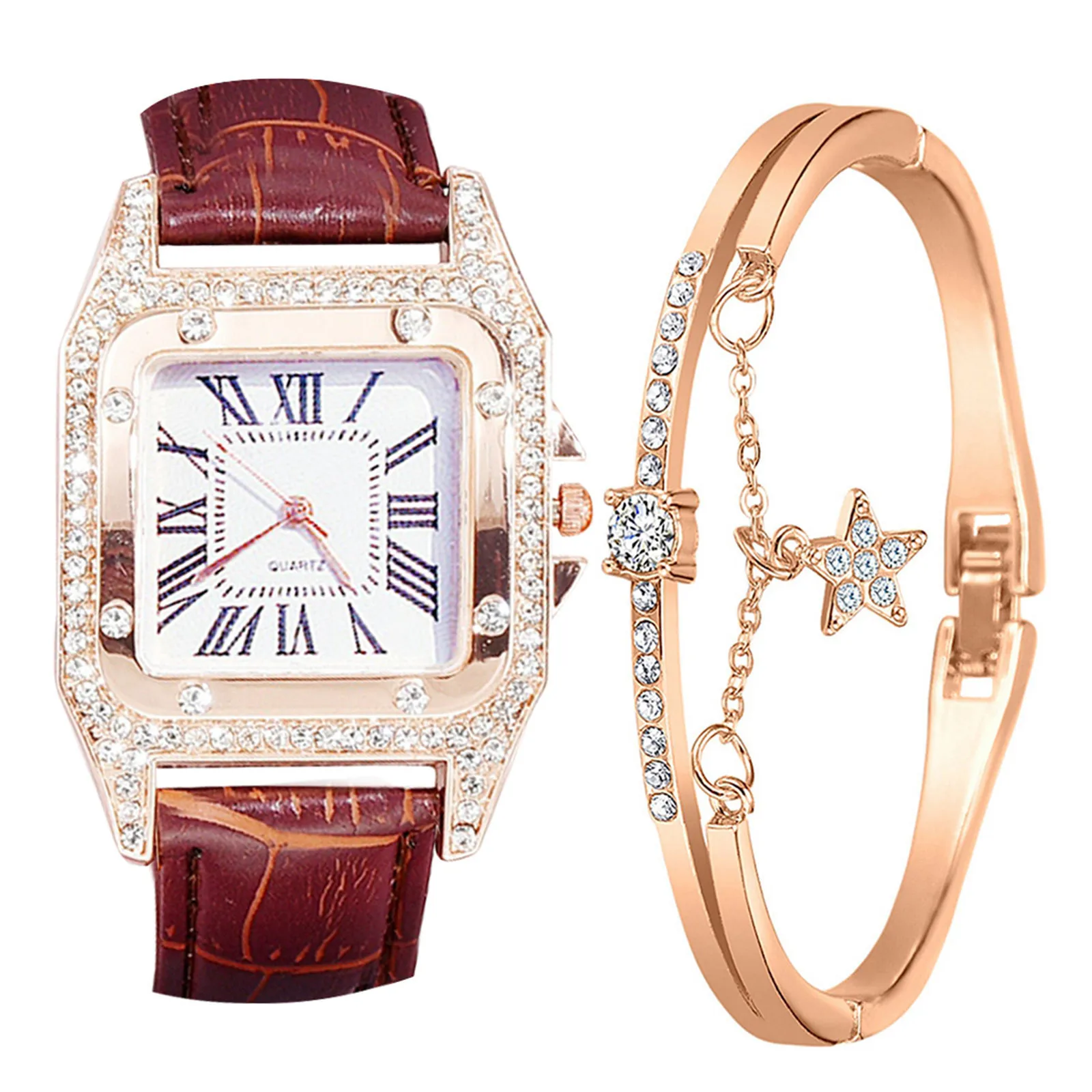 

Women Diamond Watch Starry Square Dial Bracelet Watches Set Ladies Bracelet Quartz Watch Sets Wristwatch Female Relogio Feminino