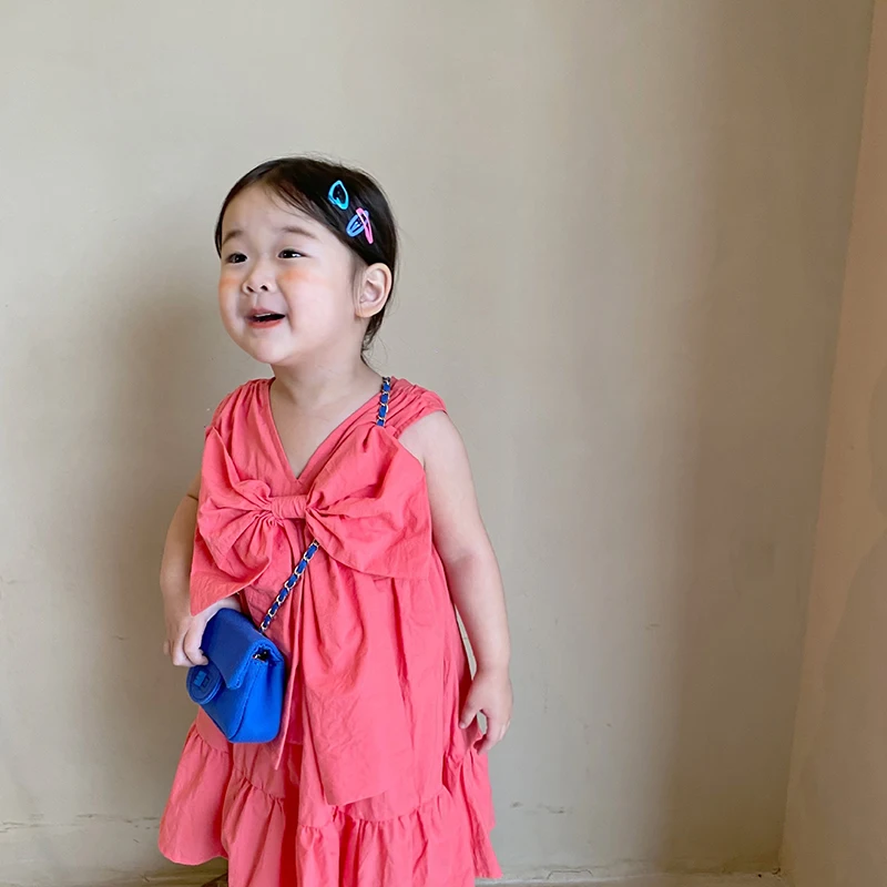 

MILANCEL 2021 Summer New Girls Clothes Dress Solid Sleeveless Cotton Dress With Big Bow
