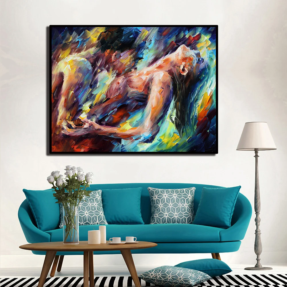 

Passion Sexy Painting Naked Woman and Man Abstract Body Art Palette Knife Oil Painting Canvas Print for Bedroom Home Wall Decor