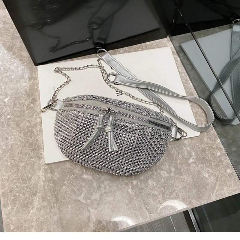 2020 New Women Waist Bags Diamonds Ladies Fanny Pack Fashion Chest Bag Banana Rhinestone Chain Crossbody Shoulder Belt | Багаж и сумки