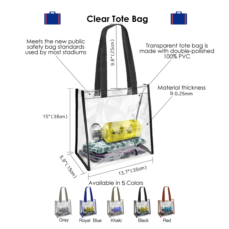 Stadium Approved Clear Bag Transparent Vinyl PVC Tote Long Shoulder Utility Handbag for Work School Outdoor Beach Shopping |