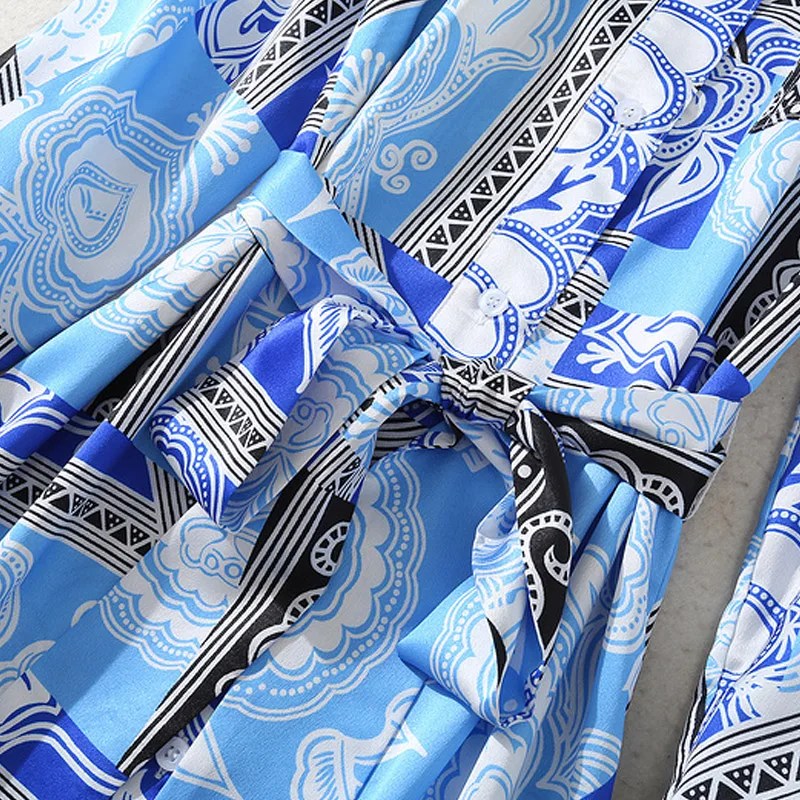 

Fashion New Style Women'S Party Casual Vintage Elegant Chic Lapel Long Sleeve Single Breasted Belt Slim Fit Print Midi Dress