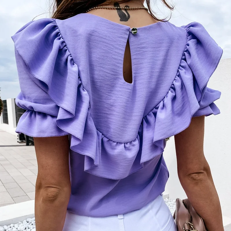 

Women leisure summer short sleeves ruffled solid color O neck shirt women tops back button hollow out fashion stylish loose tops