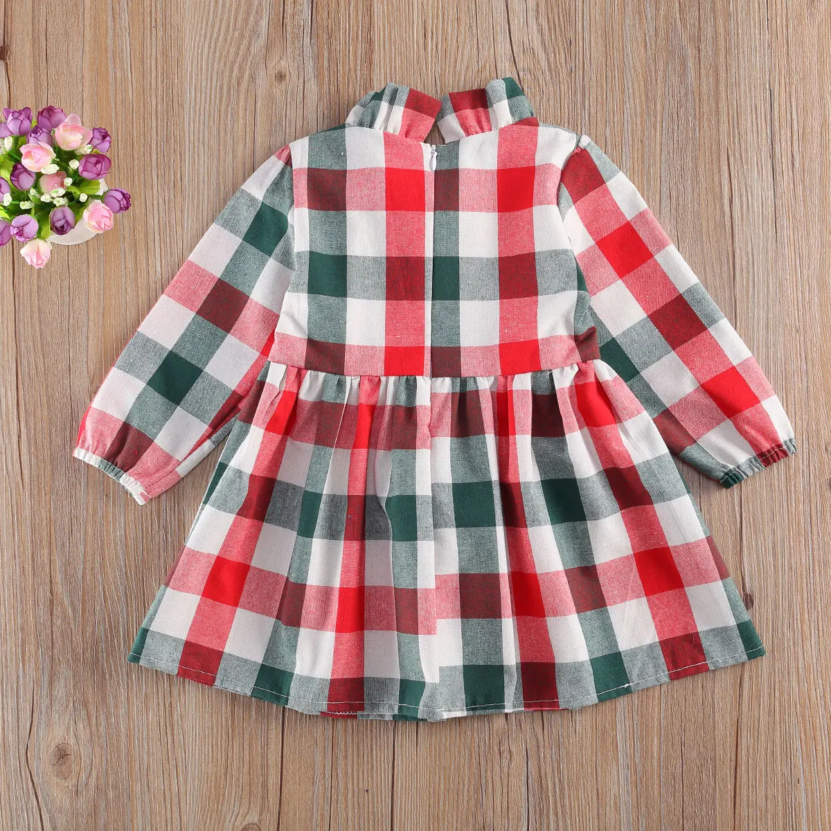 Christmas Baby Autumn Clothing Plaid Stand-Collar Long-Sleeves High-Waist Dress with Back Zipper for Little Girls 6 Months to 5Y |