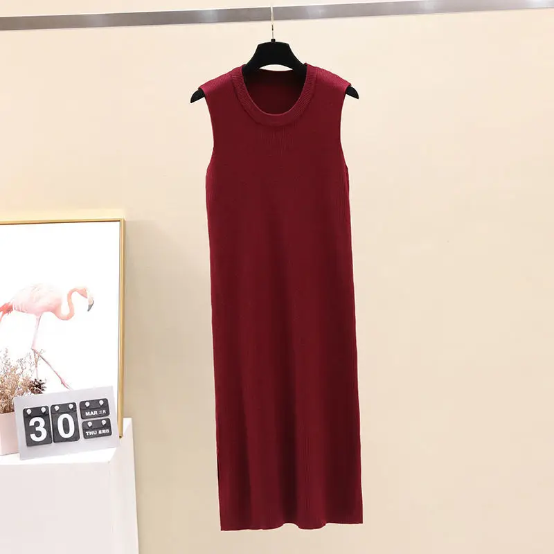 

2021 Women Autumn Winter Knitted Dress Female Solid Color O Neck Sleeveless Dresses Casual Fashion Slim Fit Bottoming Dress L123
