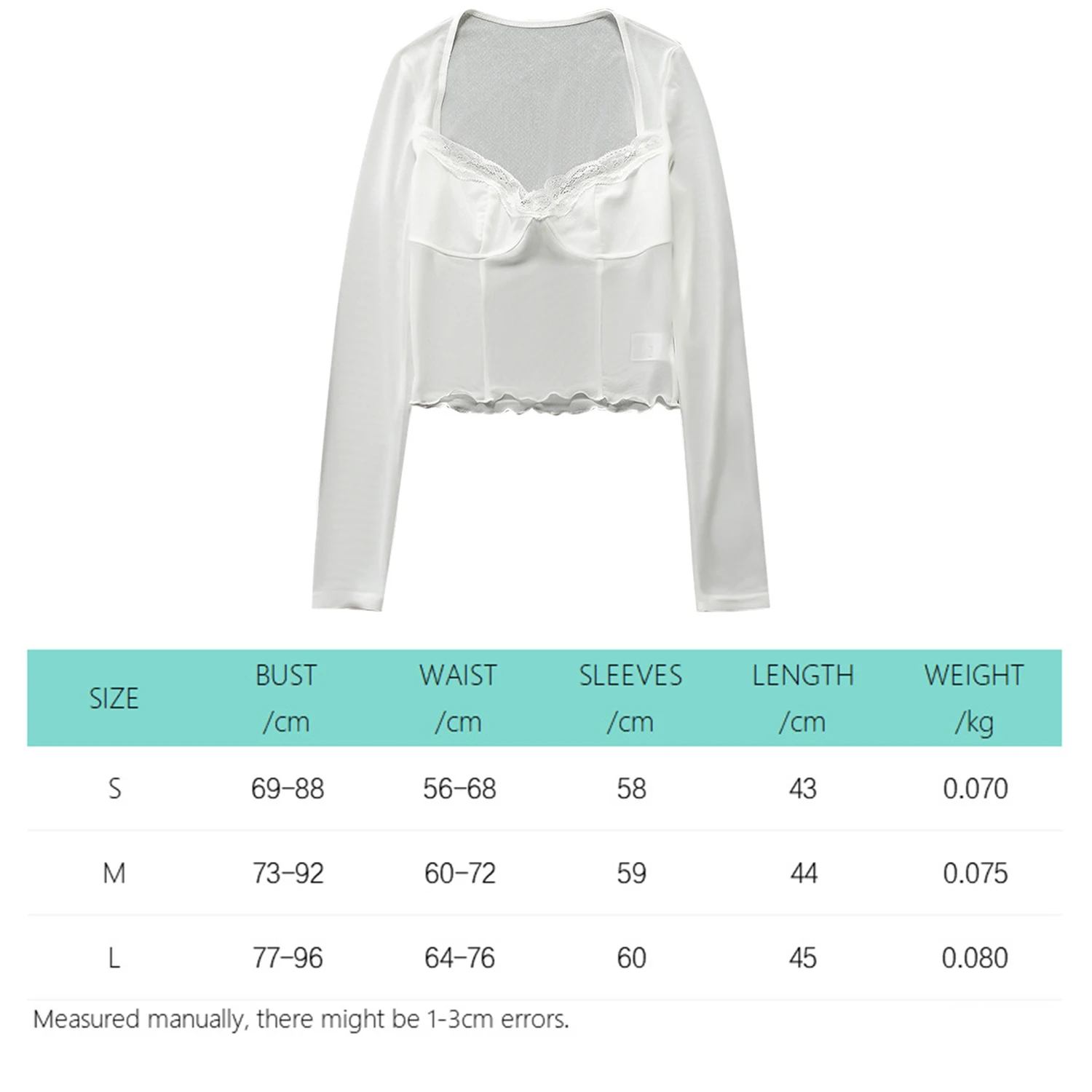 

Fashion Lace Trim Mesh Crop Tops Patchwork Square Neck Long Sleeve White Sexy Tees Summer T-shirts