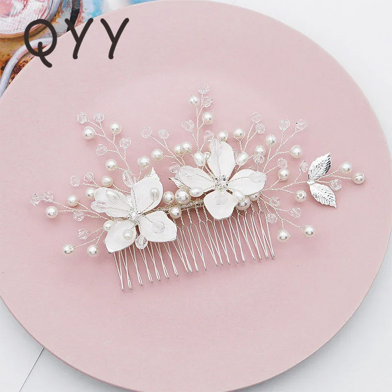 

QYY Crystal Beads Pearl Flower Hair Comb Silver Color Bridal Wedding Jewelry Accessories Women Hair Ornaments Bride Headpieces