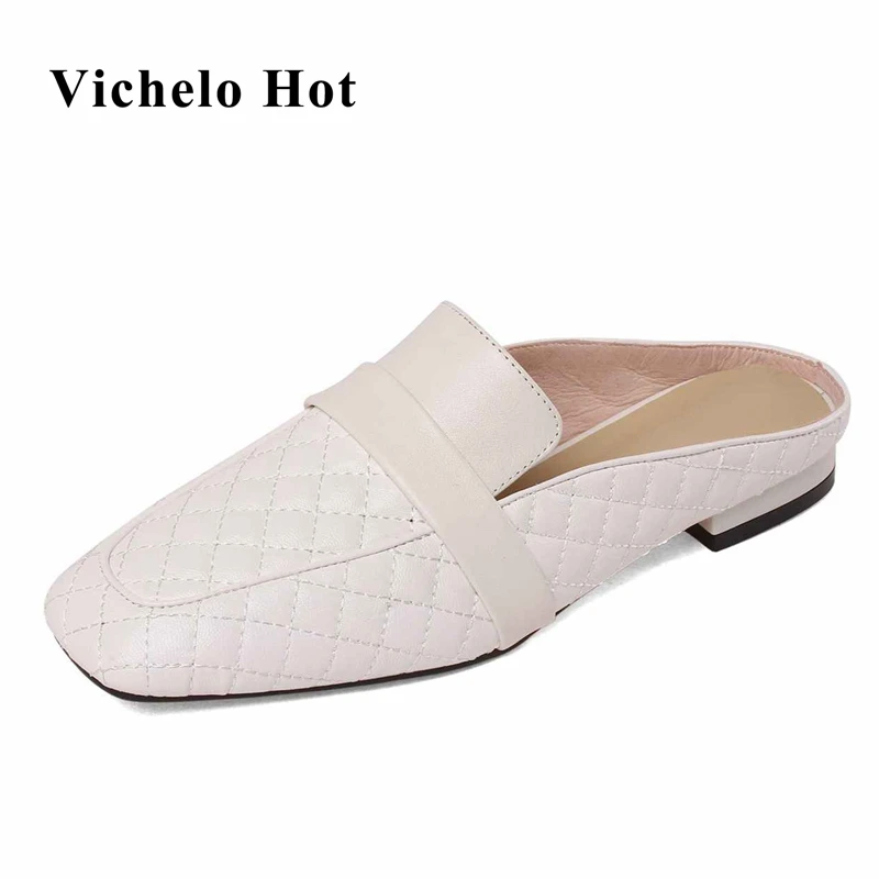 

Vichelo Hot square toe low heels simple style vintage high street fashion energy mules slip on summer women outside slipper L26