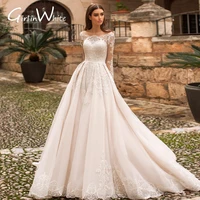 vestidos de noiva long sleeve boat neck vintage wedding dresses 2021 luxury court train appliques lace a line bride gown