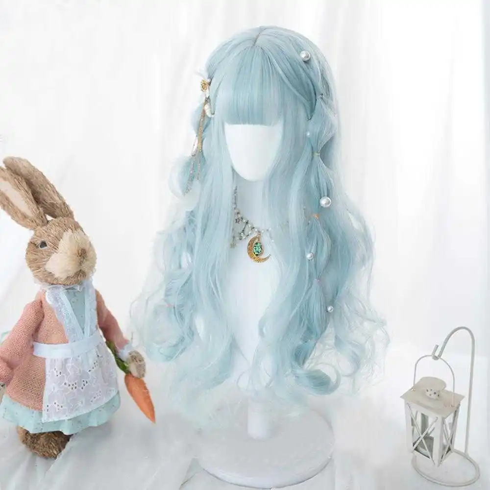 

CosplayMIX 60CM Lolita Long Curly Red/Light Blue Bangs Cute Halloween Synthetic Hair Women Cosplay Wig+Cap