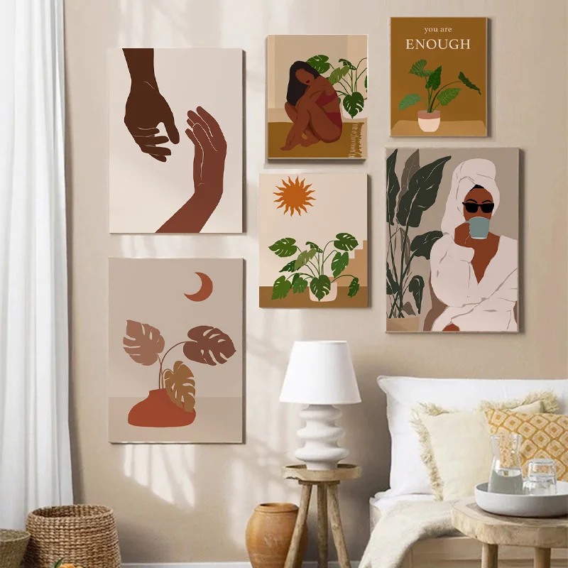 Скандинавское терракотовое бохо настенное искусство: картины африканской черной женщины на холсте, постеры и печати для спальни.