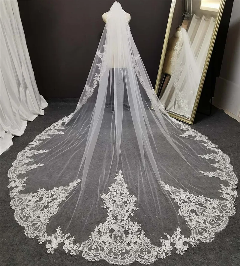 

New 3 Meters Lace Wedding Veil with Comb Appliqued White Ivory Long One Layer Bridal Veil Wedding Accessories