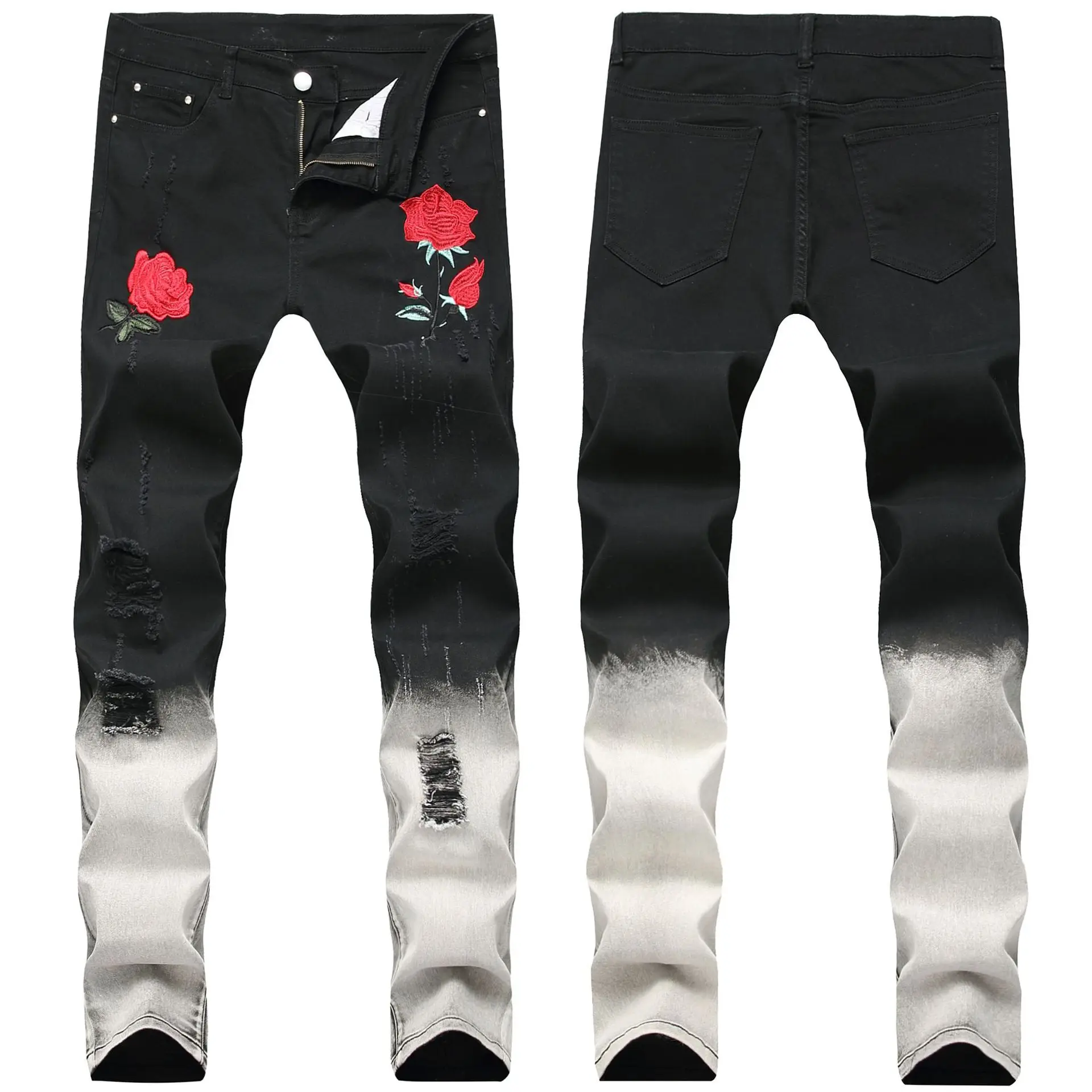 

Spring and Autumn Men's Embroidered Rose Patterned Jeans Slim Casual Man Ripped Denim Trousers Two Tone Patchwork Straight Pants
