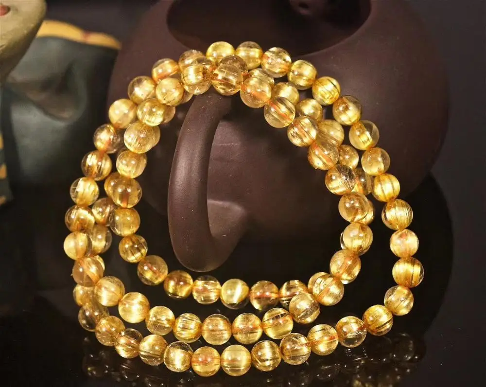 Бразильский браслет из натурального золота 6 мм рутилированный кварц