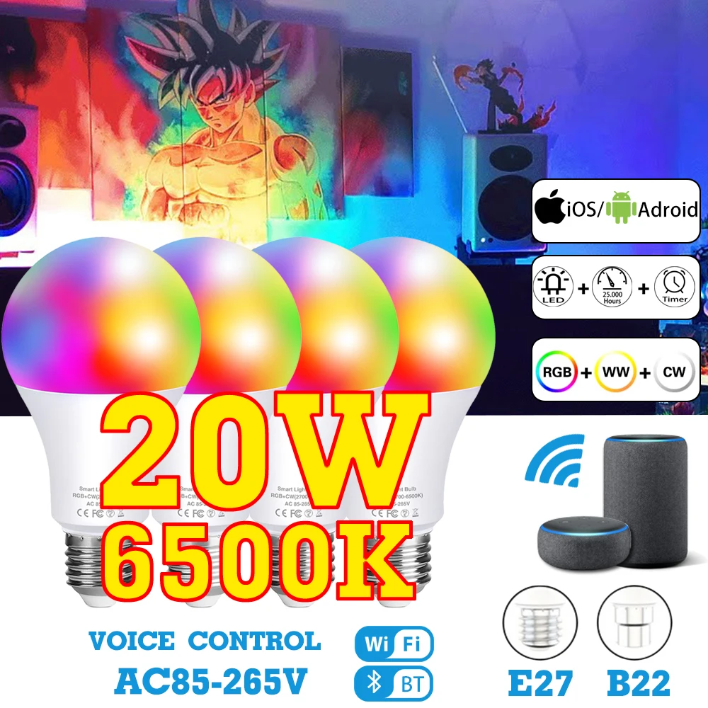 

Smart Bulb Alexa Lamp RGB LED Light Wifi Bluetooth / IR Remote Control Multicolor Dimmable Nightlight Work Alexa Google Home