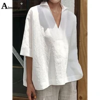 plus size 4xl 5xl women casual shirt half sleeve blouse cotton linen basic top pullovers 2021 autumn loose shirt femme clothing