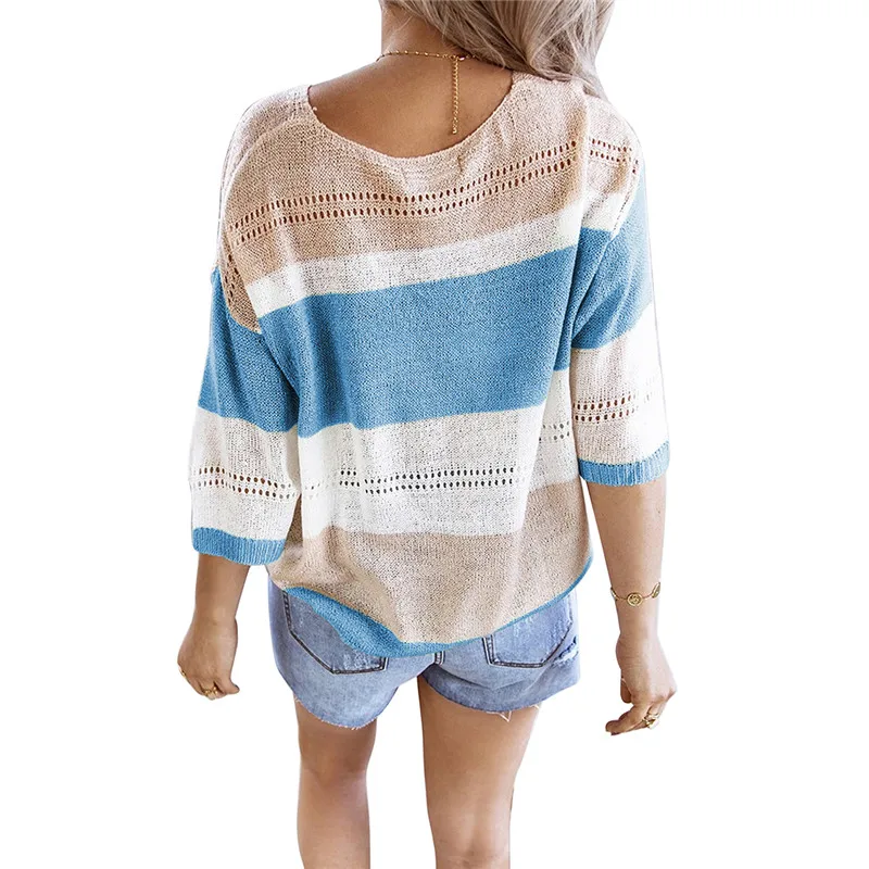 

Autumn Winter New Women Sexy V Neck Sweater Casual Long Sleeve Knitted Jumper 2020 Elegant Patchwork Striped Print Tops Pullover