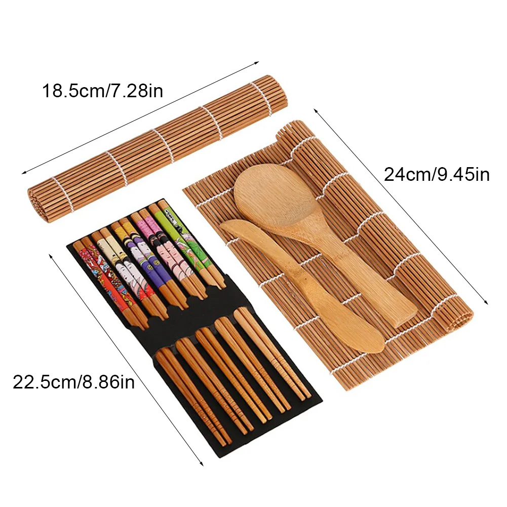 

9pcs/set DIY Bamboo Sushi Maker Bamboo Sushi Kit Roll Cooking Tool With 2 Rolling Mats/1 Paddle/1 Spreader/5 Pairs Chopsticks