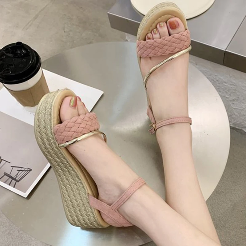 

Summer Women's Wedge Sandals Hemp Platform Ladies Shoes Weaving Buckle Strap Female Peep Toe Footwear Comfort Plus Size Woman