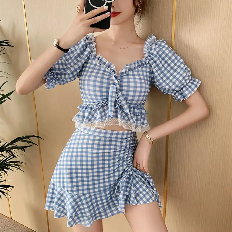 

Bikini Sets Women Summer New Plaid Lace Pleated Ruched Korean Style Swimwear Sweet Soft Puff Sleeve Teens Safety Female Girls