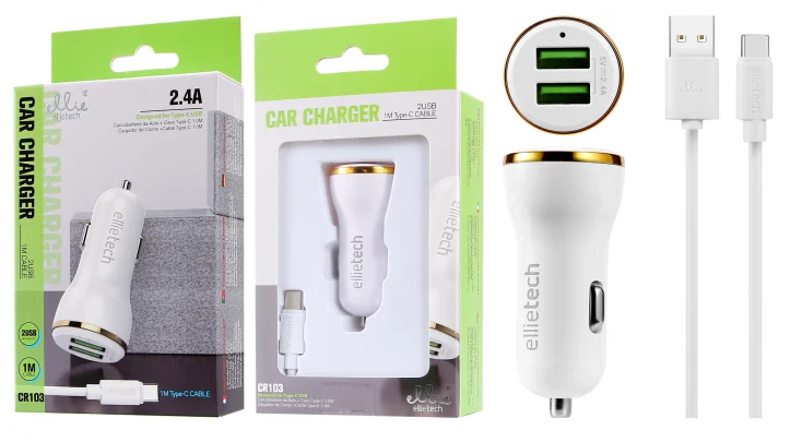 

Ellietech -Dual USB Car Charger, Quick Charge 2.4A USB Charger, 2 Ports, 5V, for Cigarette Lighter, Power Adapter for Phone
