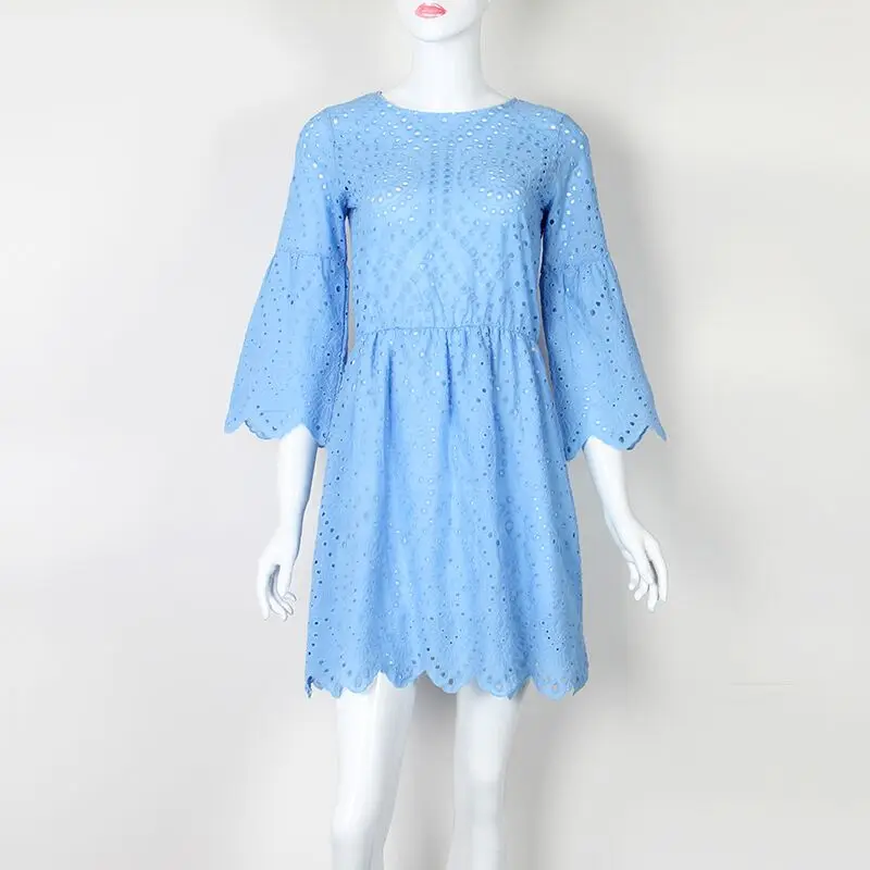 Light Blue Кружевное открытое летнее платье с оборками Kawaii мини-платья трапециевидной формы для девочек женское Повседневное платье с круглым вырезом и расклешенными рукавами размера плюс GV200 - Цвет: Light Blue