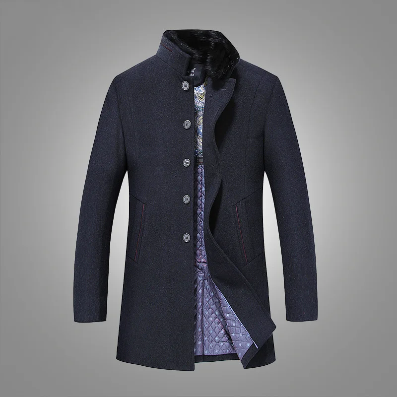 

Middle-aged men's woolen coat latest simple solid color mid-length fur collar warm coat men's clothing casual woolen coat