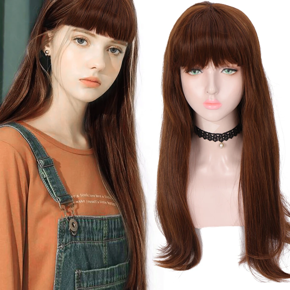 

HUAYA Long Straight Synthetic Hair Wigs With Bangs for Black White Woman Heat Resistant Cosplay Wig Golden Wine Red Brown