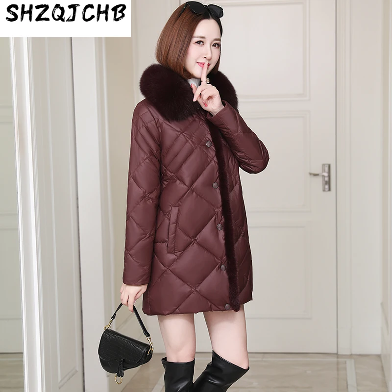 

Пуховик SHZQ женский средней и длинной, утепленное пальто с воротником из лисьего меха