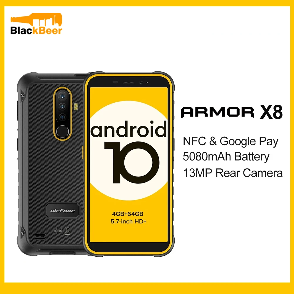 Ulefone Armor X8 Rugged Mobile Phone IP68 Waterproof 5.7 Inch Smartphone Android 10.0 4GB 64GB CellPhone Octa Core NFC 5080mAh (0)
