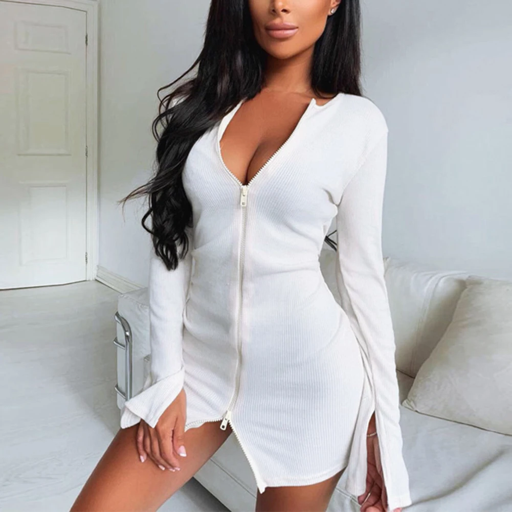 Женское мини платье на молнии с длинным рукавом и разрезом|Женские платья| |