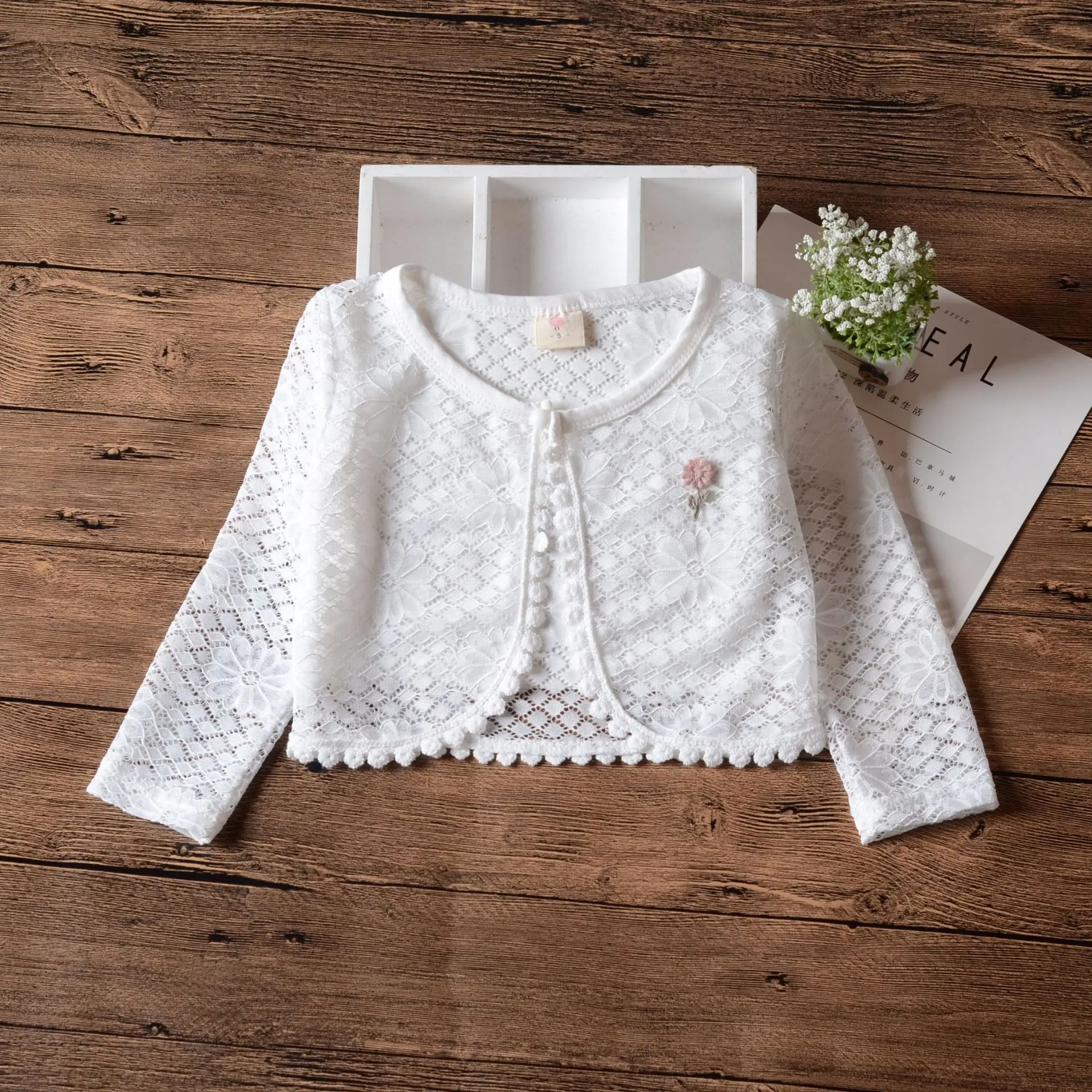 Белая кружевная открытая куртка-кардиган для девочек Пляжная верхняя одежда