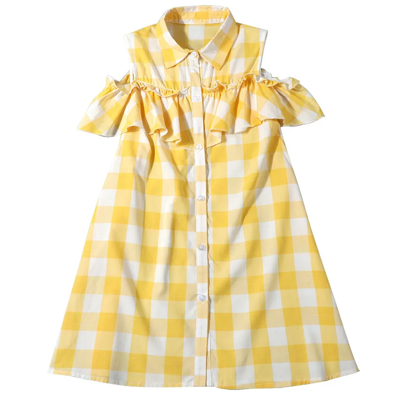 

2021 Summer Dress Turn Down Collar Plaid Girls Dress Teenage Kids Dresses for Girl Princess Costume 4-14Y Children Clothing